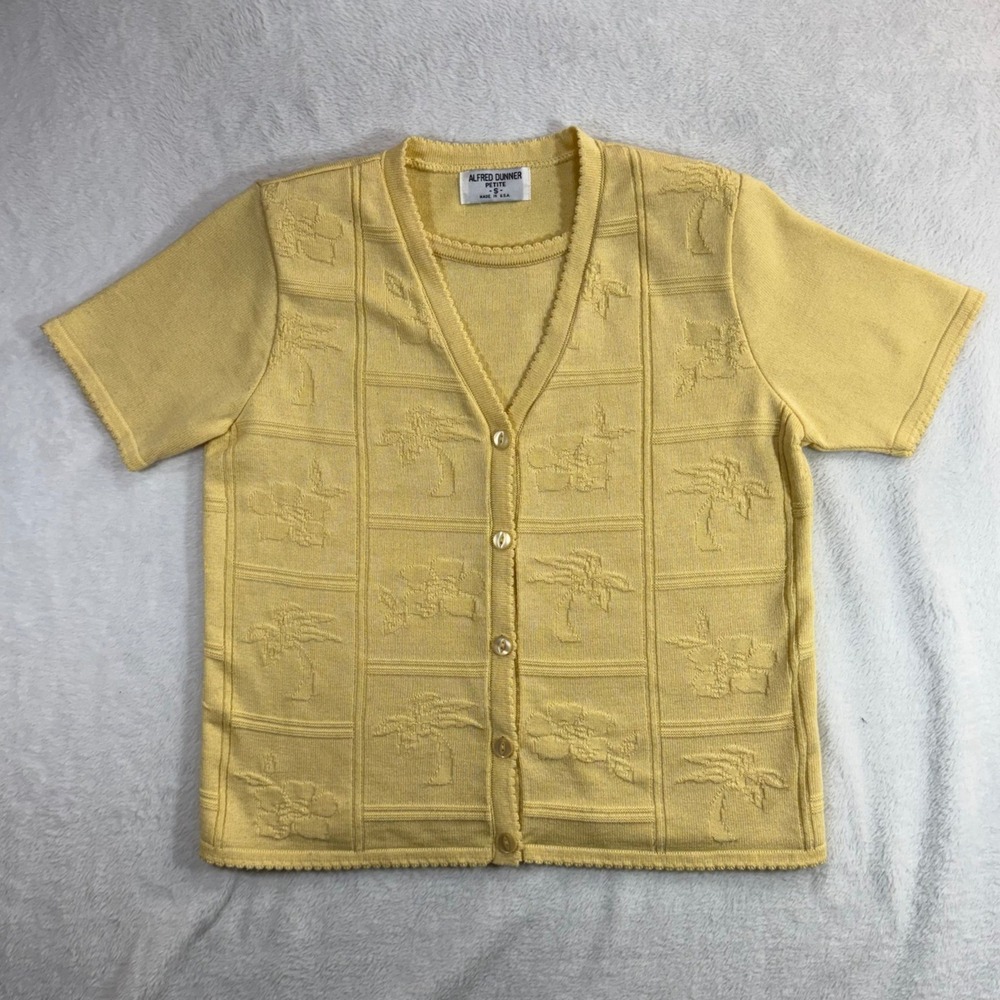 Vintage Alfred Dunner Petite S Yellow Knit Cardigan Top Cottage Granny Beach 90s